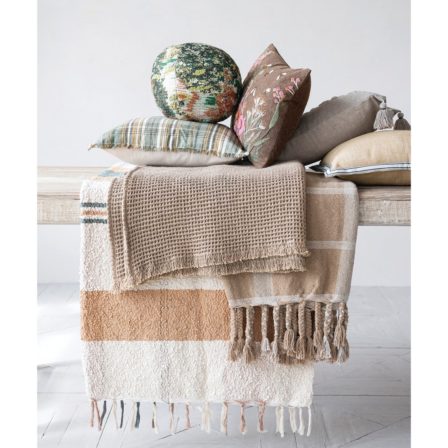 Square Woven Linen & Cotton Pillow with Plaid Pattern & Eyelash Fringe