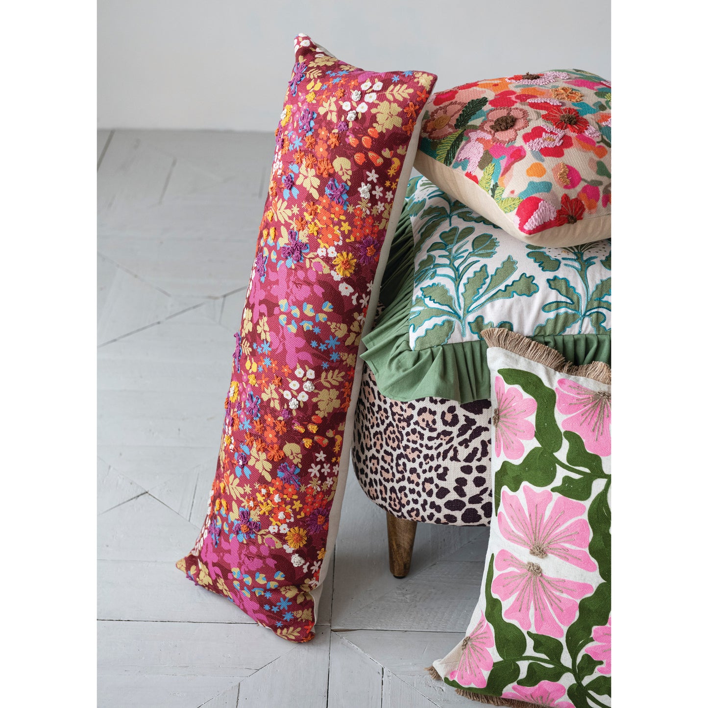 18" Square Cotton Pillow with Floral Pattern, Embroidery & Ruffle