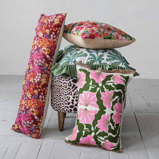 18" Square Cotton Pillow with Floral Pattern, Embroidery & Ruffle