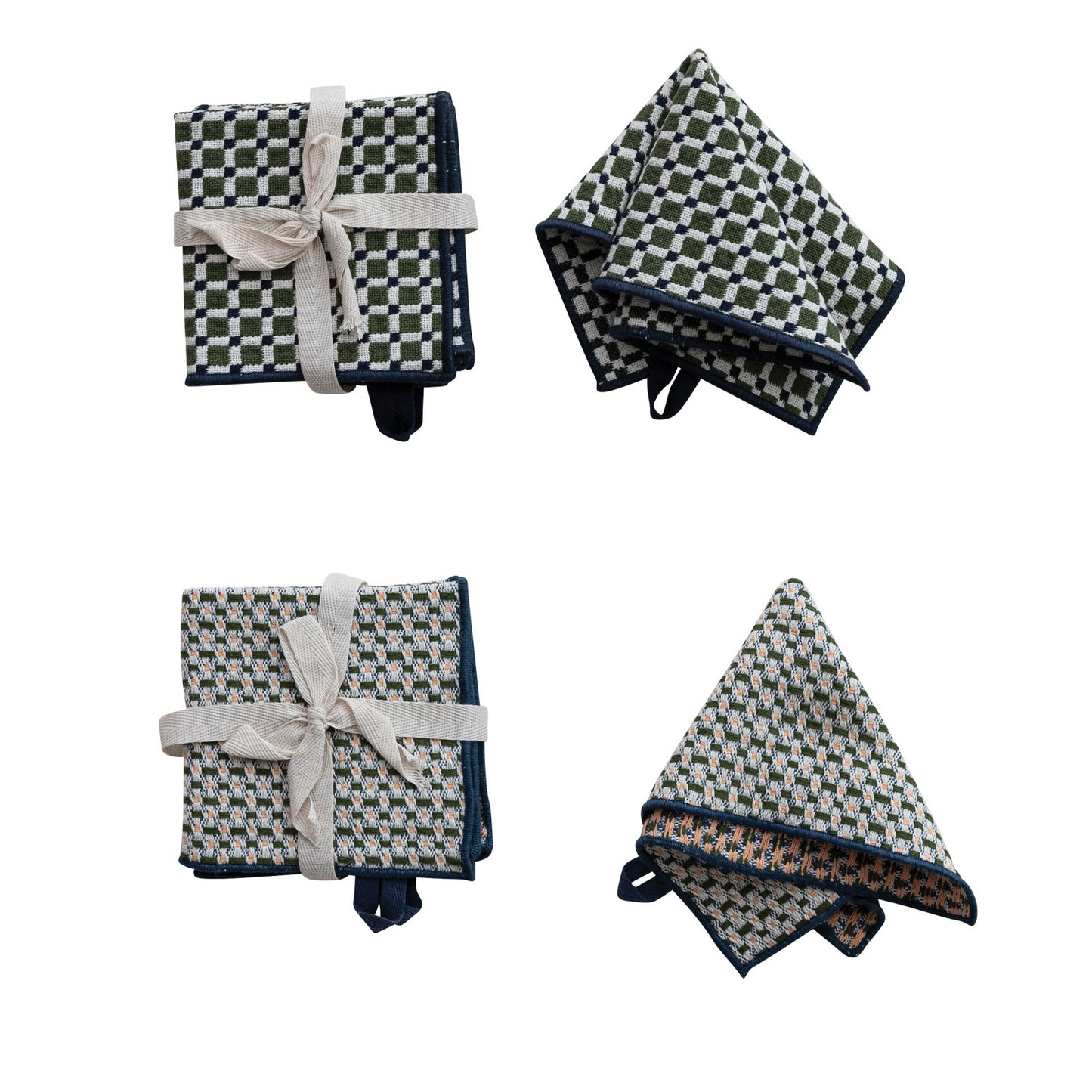 Woven Cotton Dish Cloths with Stitched Edge, Set of 3 Tied with Cotton Tape, 2 Styles
