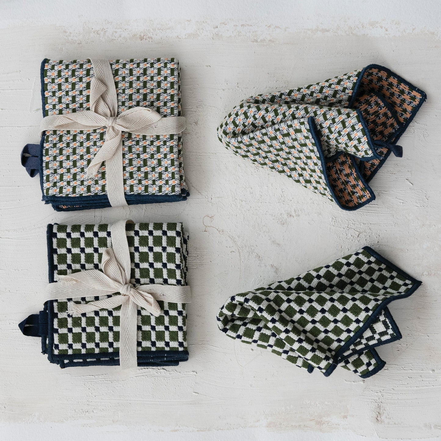 Woven Cotton Dish Cloths with Stitched Edge, Set of 3 Tied with Cotton Tape, 2 Styles