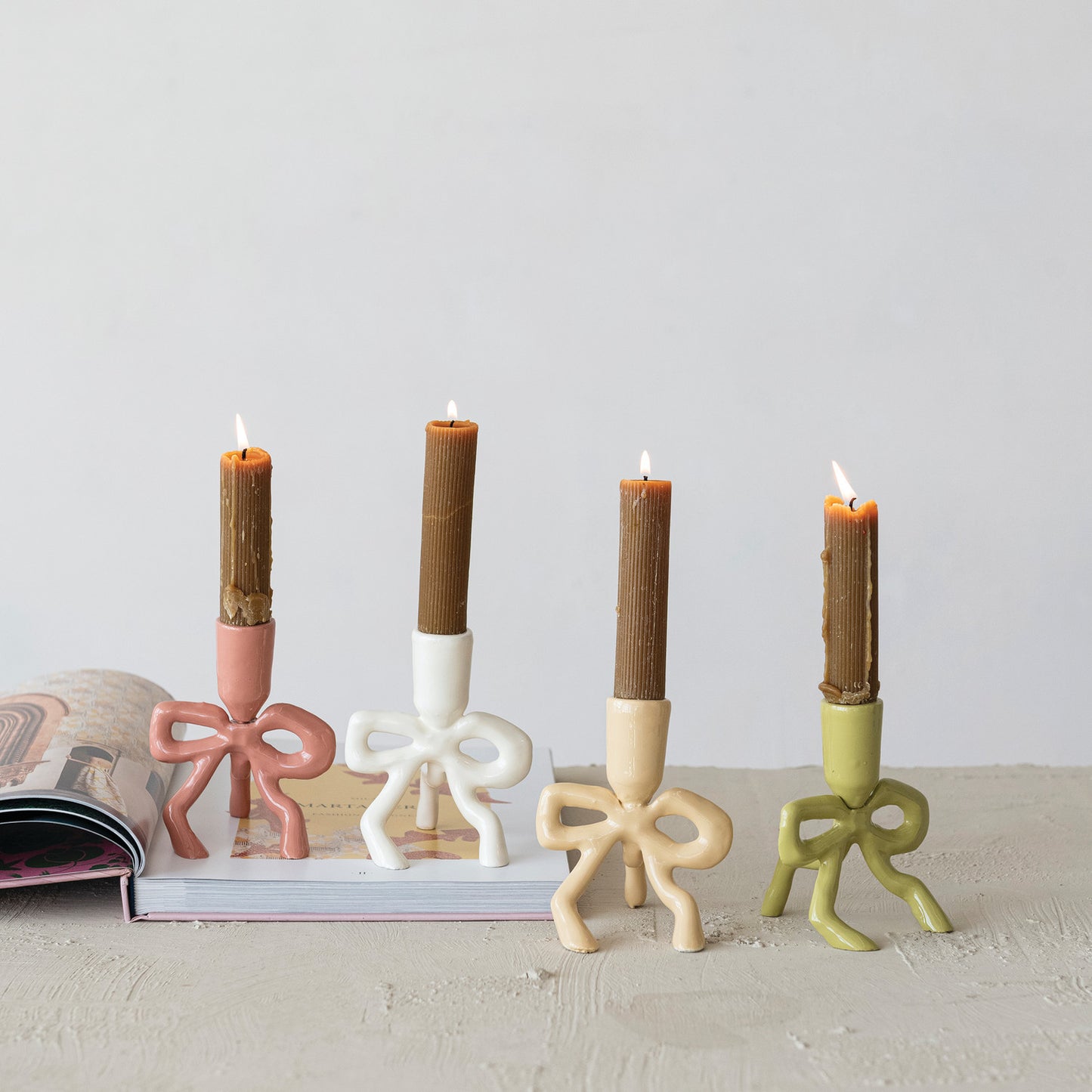 Enameled Cast Aluminum Taper Holder with Bow Shaped Base, 4 Colors