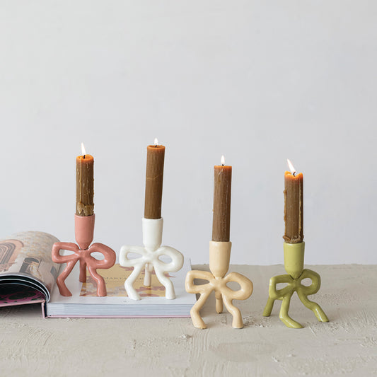 Enameled Cast Aluminum Taper Holder with Bow Shaped Base, 4 Colors