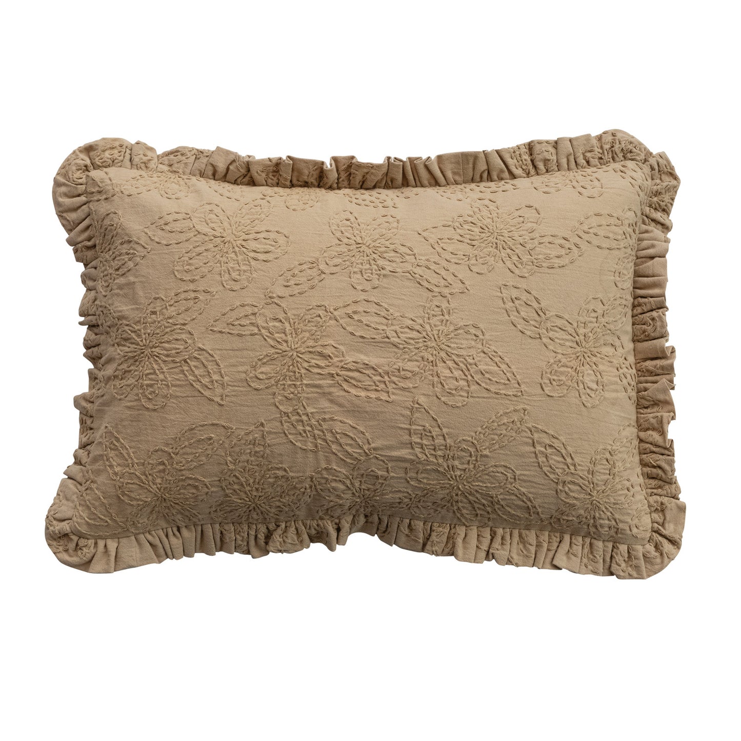 Woven Cotton Lumbar Pillow with Flowers & Ruffle