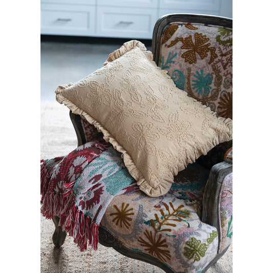 Woven Cotton Lumbar Pillow with Flowers & Ruffle