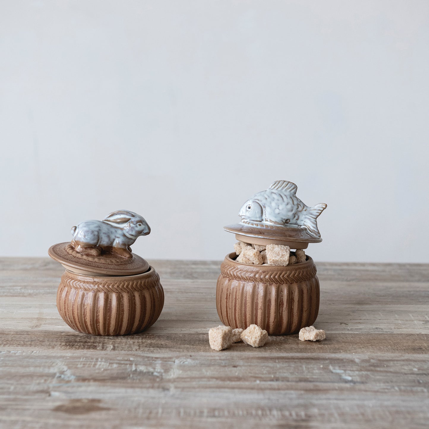 Stoneware Salt Cellar with Fish, Brown & White (Each One Will Vary)