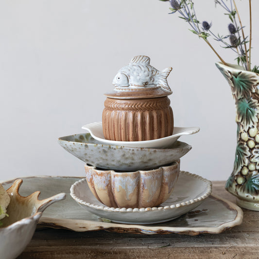 Stoneware Salt Cellar with Fish, Brown & White (Each One Will Vary)