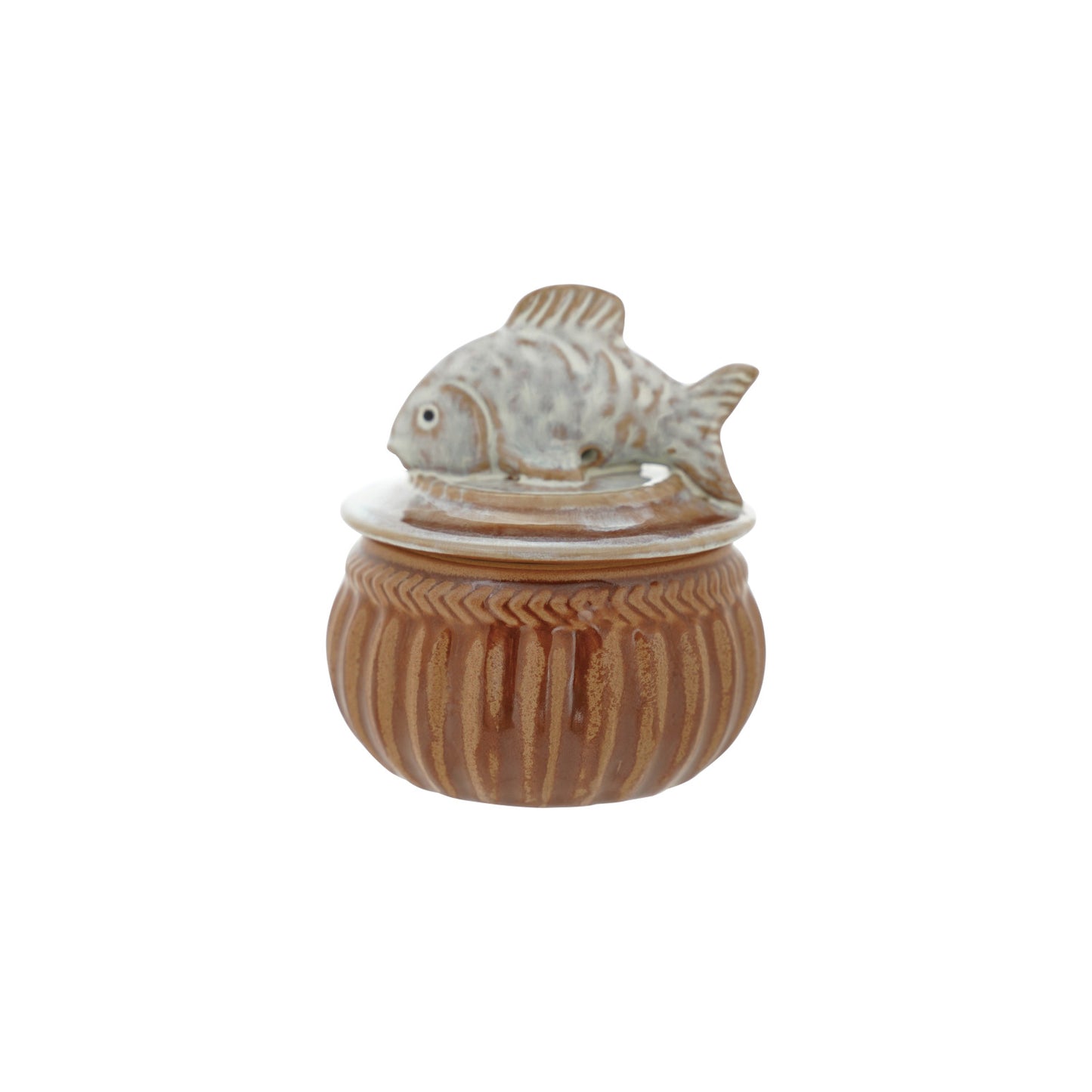 Stoneware Salt Cellar with Fish, Brown & White (Each One Will Vary)