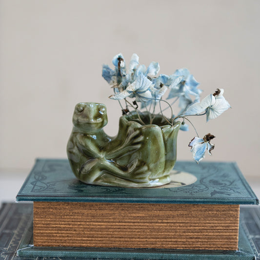 Stoneware Frog Holding Flower Shaped Vase