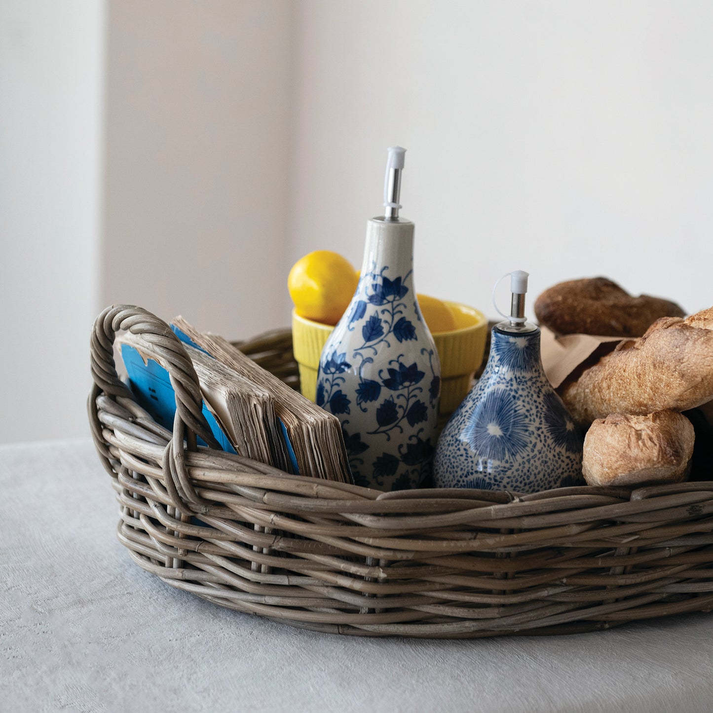 Stoneware Oil Cruet with Floral Pattern