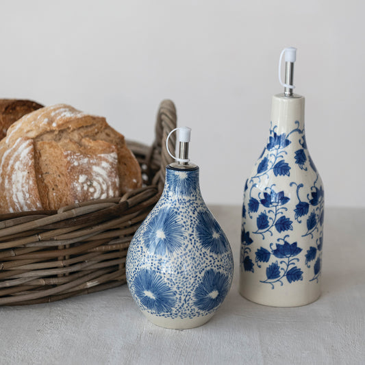Stoneware Oil Cruet with Floral Pattern