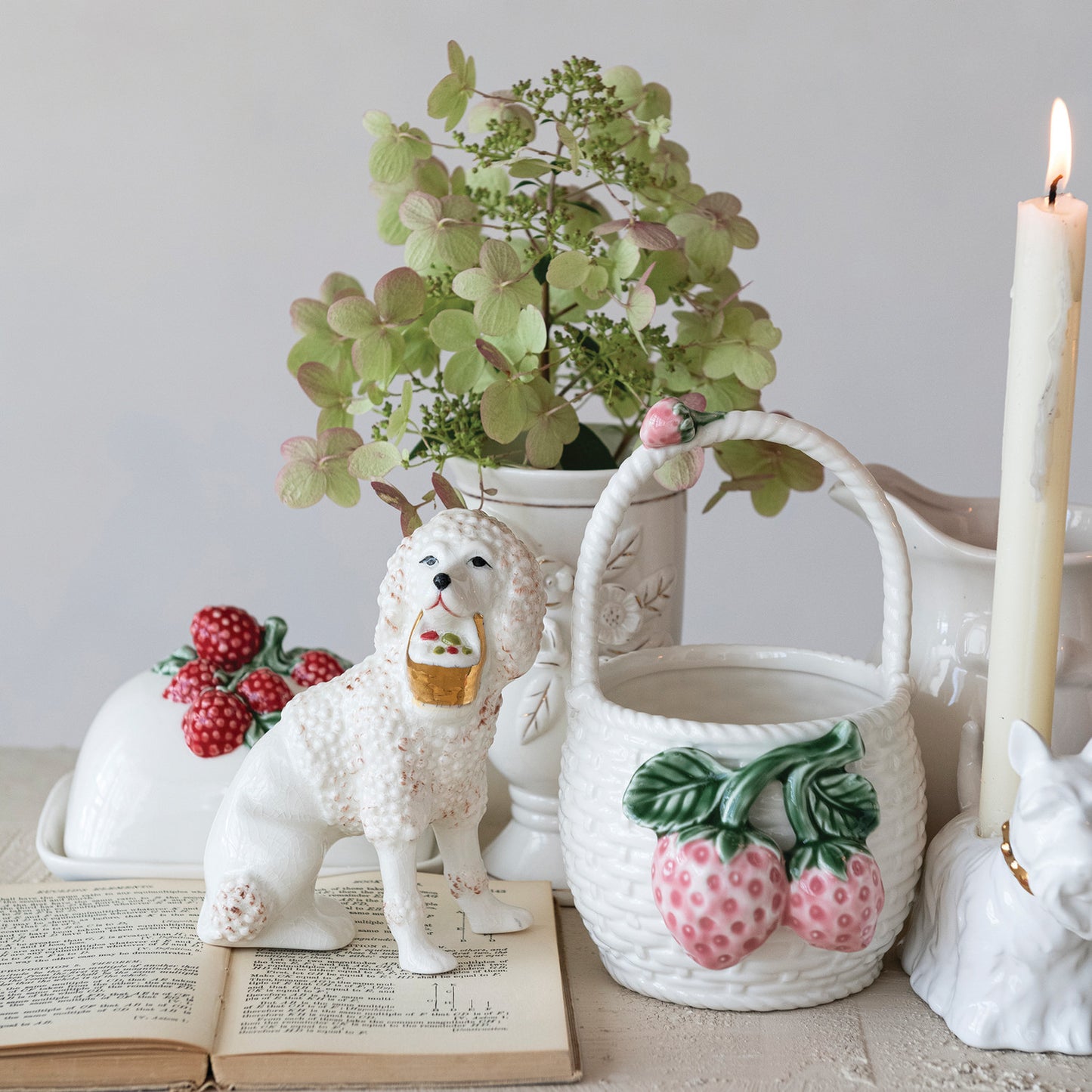 Stoneware Vintage Reproduction Staffordshire Poodle with Basket