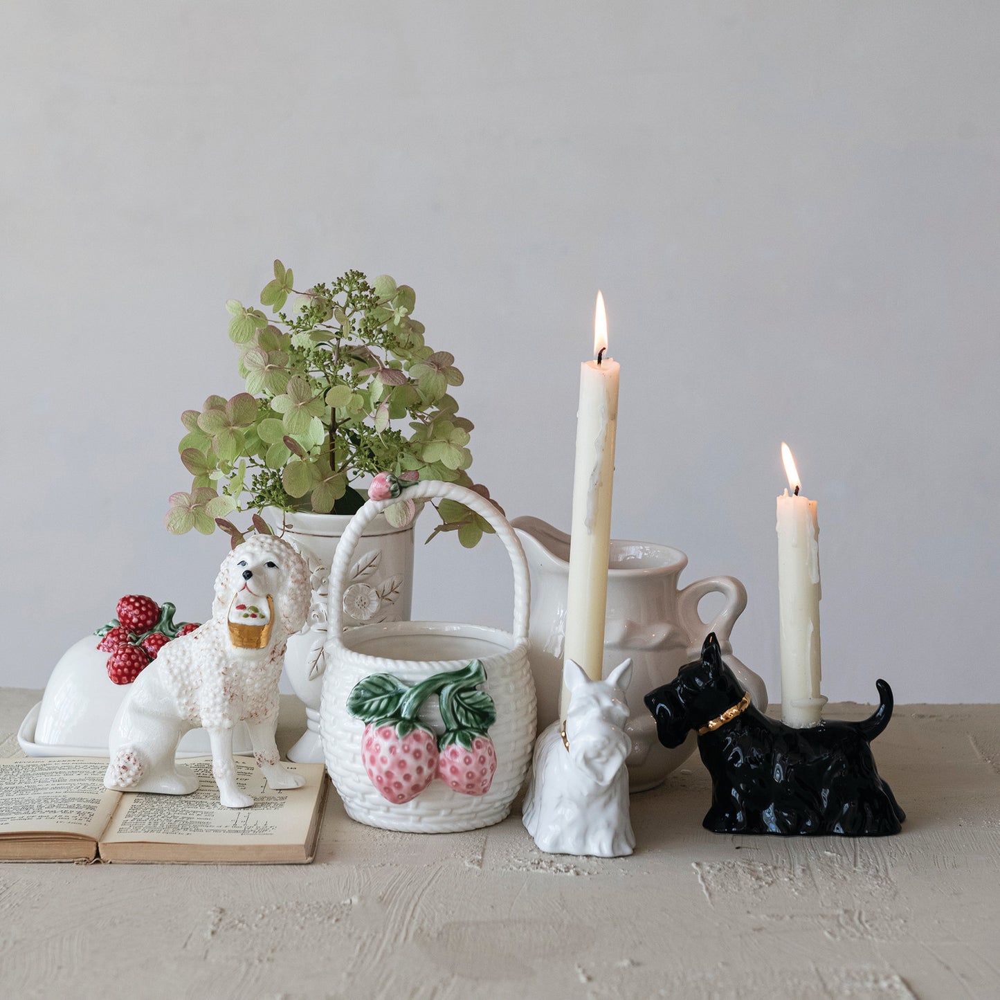 Stoneware Vintage Reproduction Staffordshire Poodle with Basket