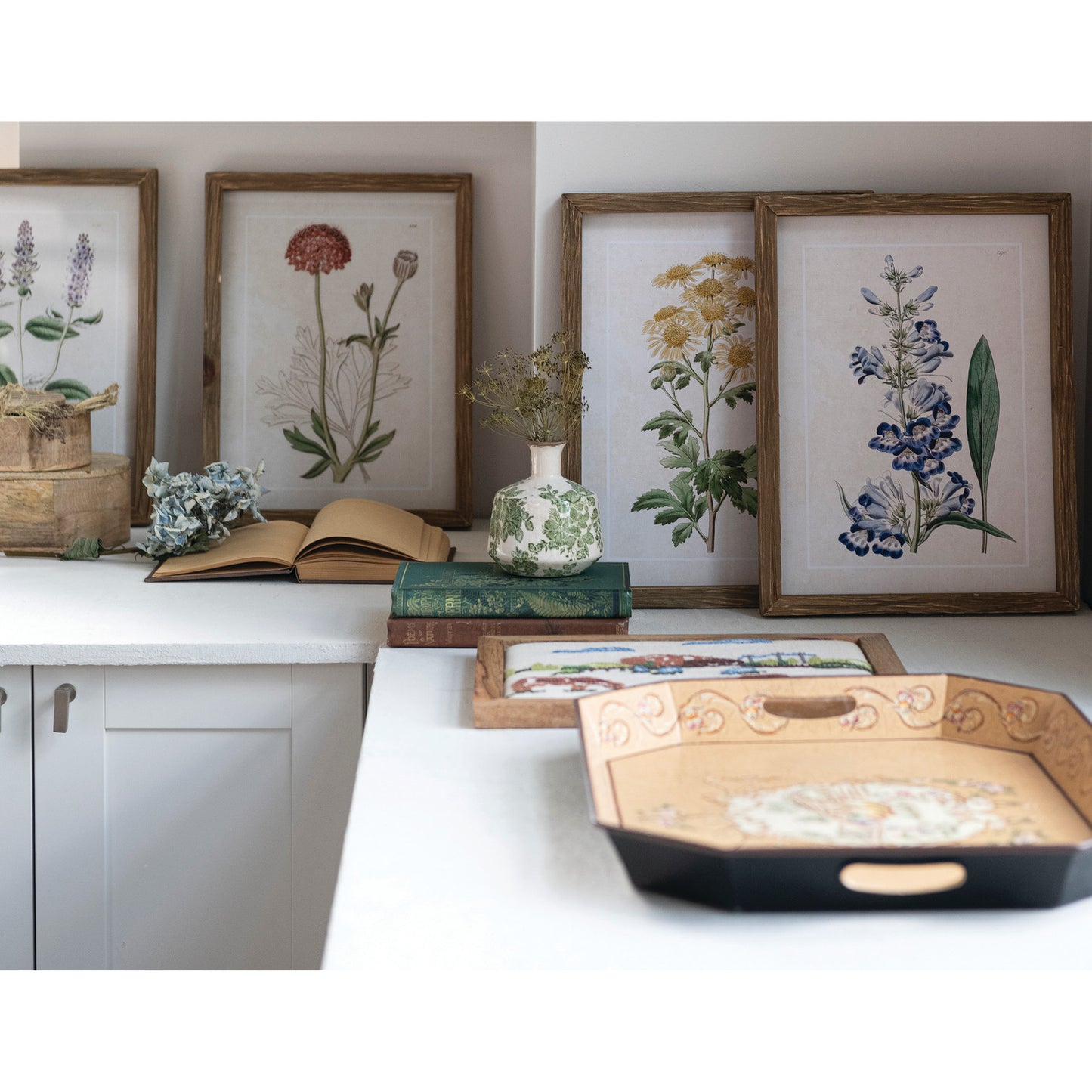 Wood Framed Glass Wall Decor with Flowers
