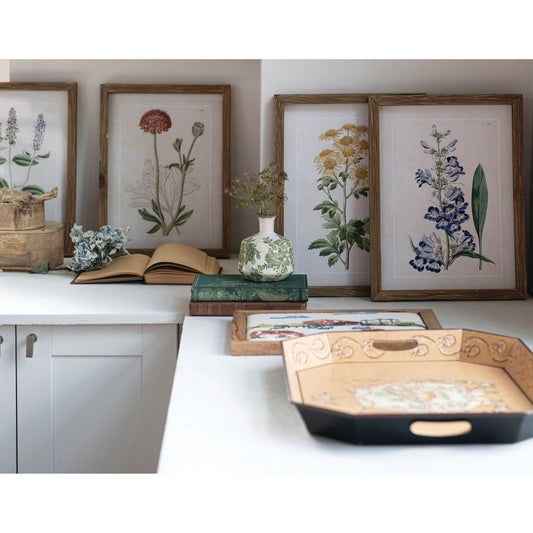 Wood Framed Glass Wall Decor with Flowers