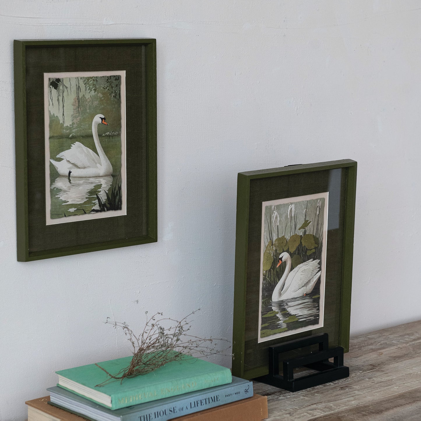 Wood Framed Glass Wall Decor with Swan & Mat