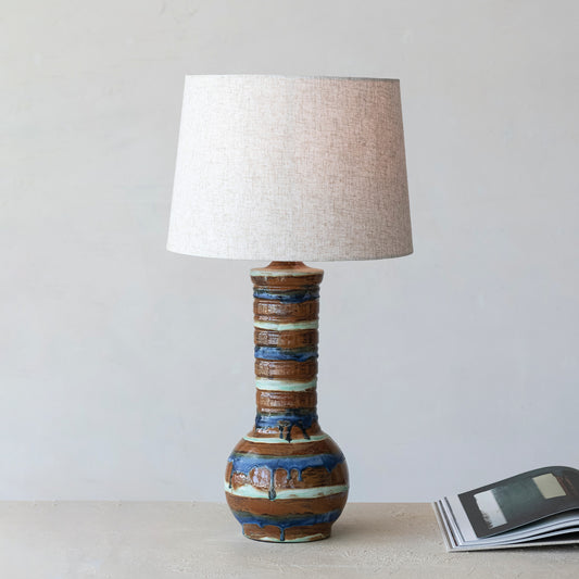 Hand-Painted Stoneware Striped Table Lamp with Linen Shade