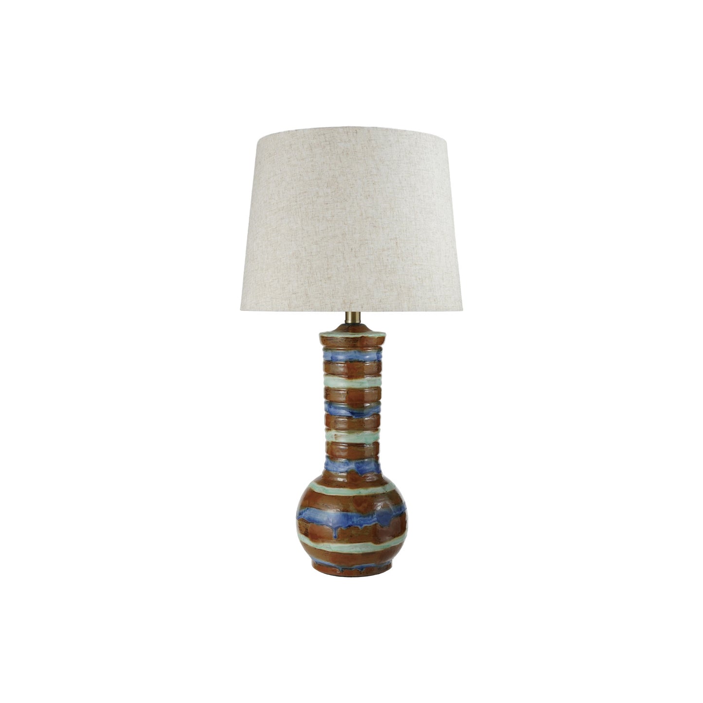 Hand-Painted Stoneware Striped Table Lamp with Linen Shade