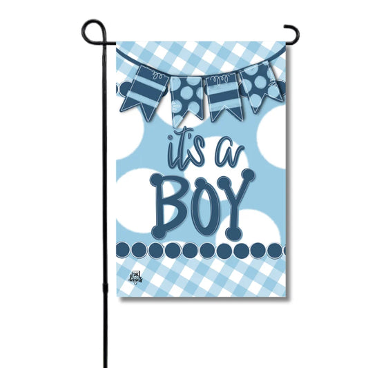 It's A Boy Blue Gingham Garden Flag