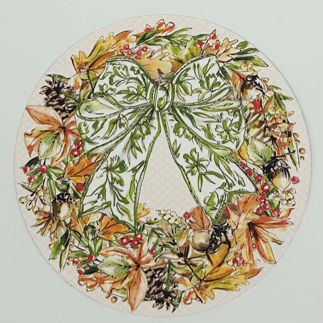 Fall Leaves Wreath w/ Chinoiserie Bow Round Coasters