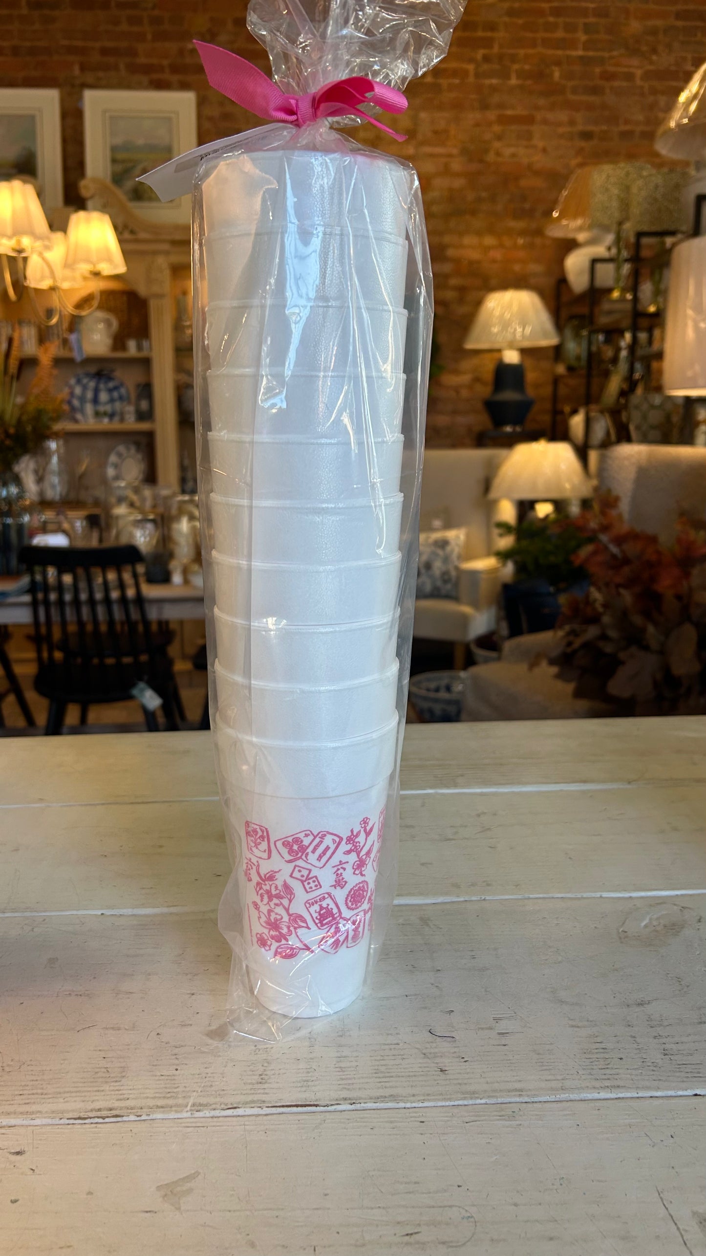 Mahjong Toile "Cheers, Bird, Bam" Pink Styrofoam Cups