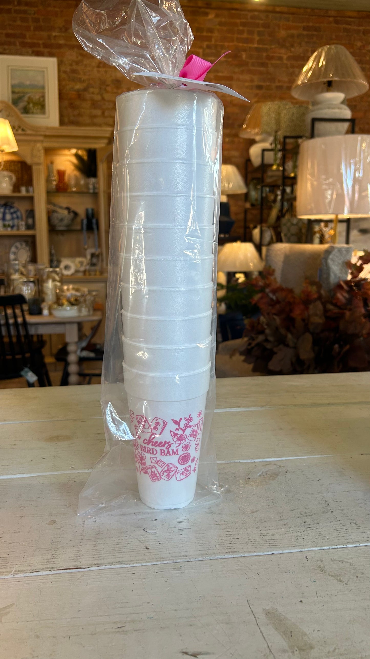 Mahjong Toile "Cheers, Bird, Bam" Pink Styrofoam Cups