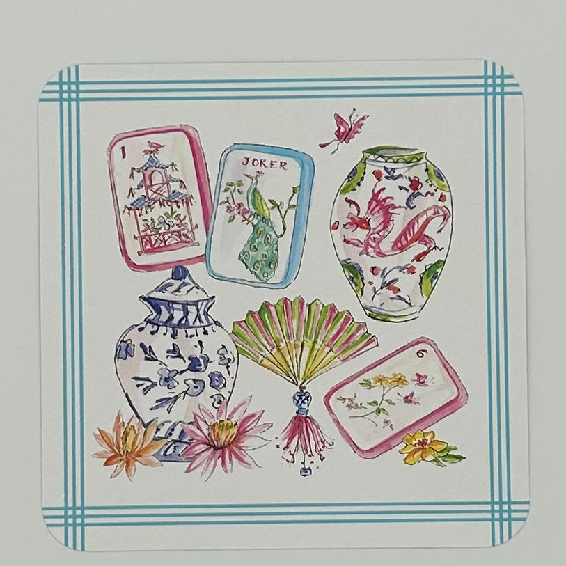 Mahjong Icons Pots Fan Tiles and Flowers Square Coasters