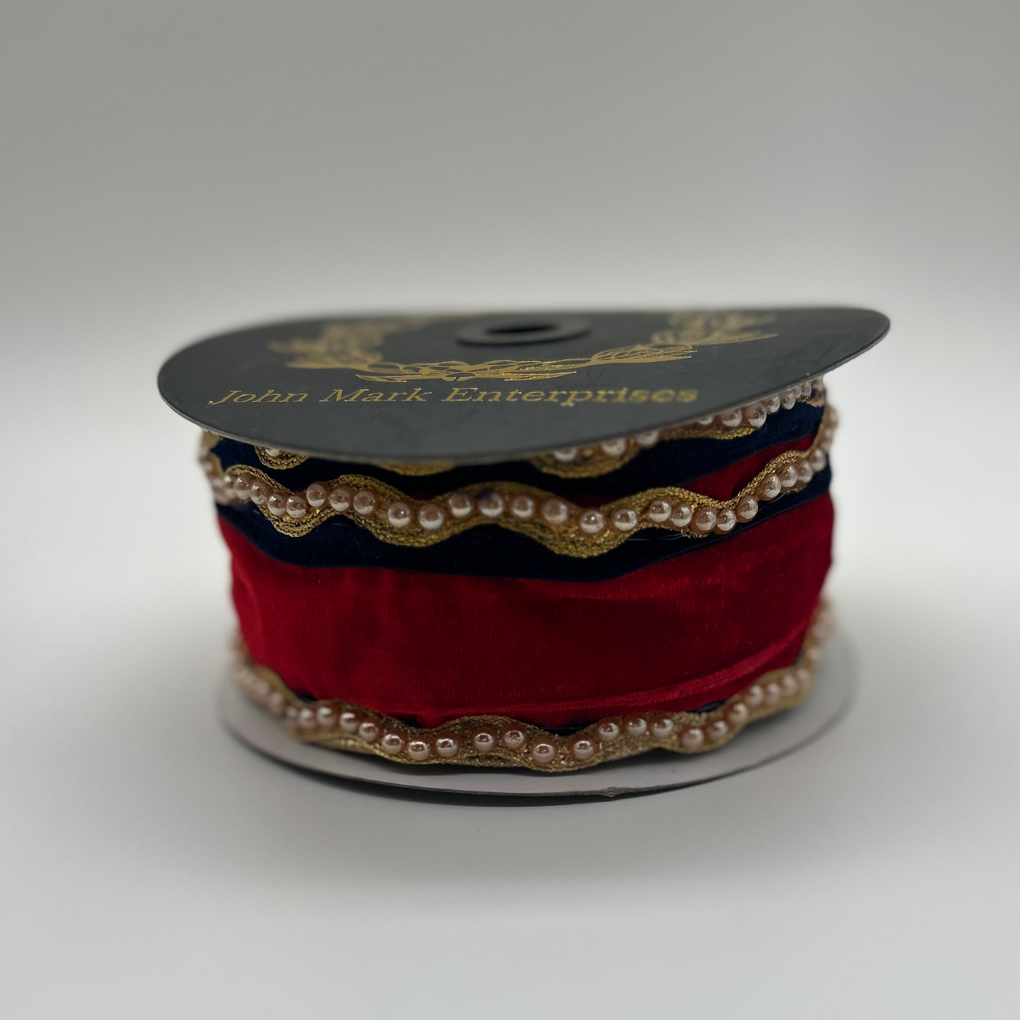 Red Velvet & Navy Trimmed Beaded Metallic Edge Dupioni Fused Ribbon