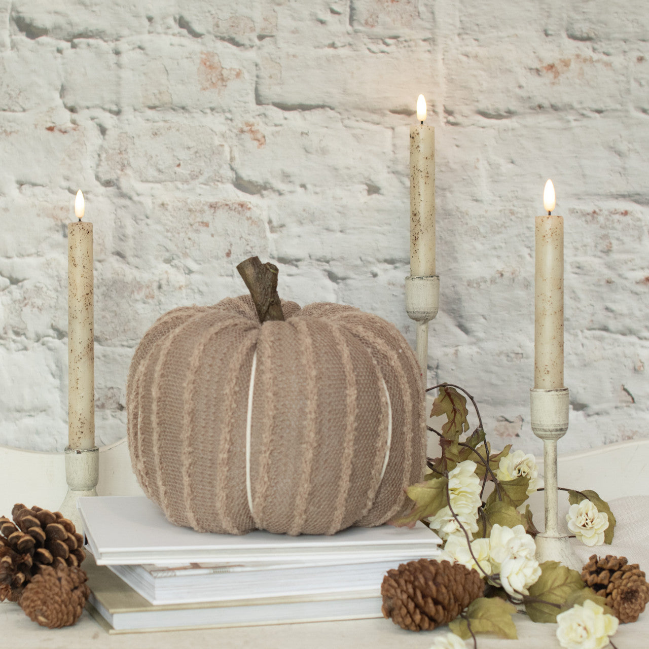 Brown Stitched Fabric Pumpkin with Faux Wood Stem