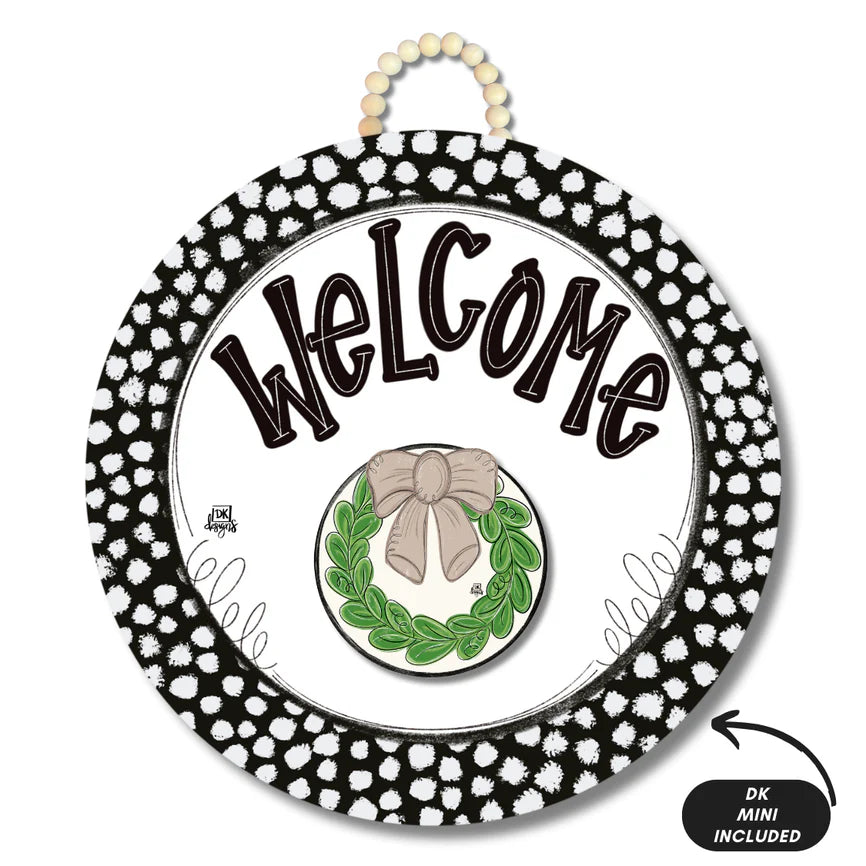 Black and White Dot "Welcome" Door Hanger with Mini