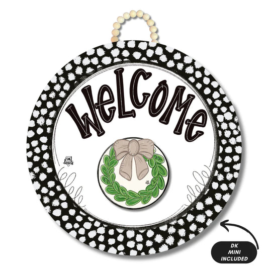 Black and White Dot "Welcome" Door Hanger with Mini