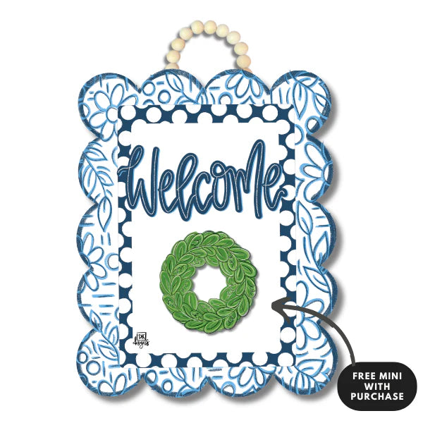 Blue and White Scallop Door Hanger with Wreath Mini