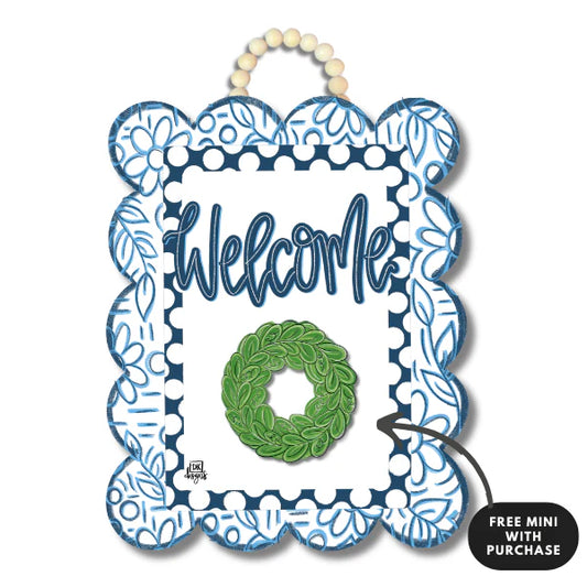 Blue and White Scallop Door Hanger with Wreath Mini