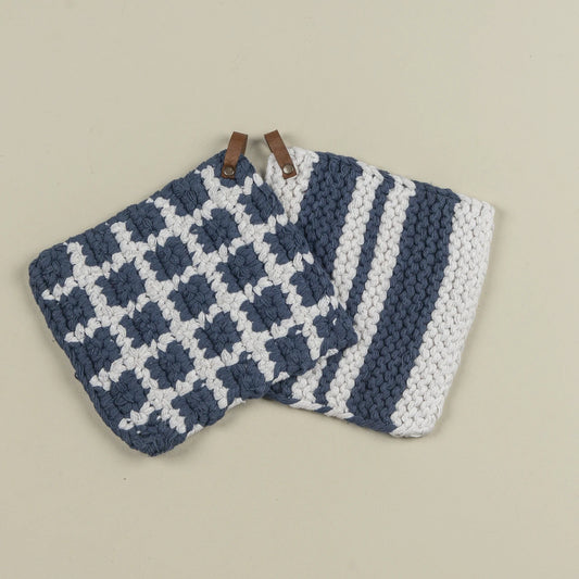 Blue and White Potholders, Set of 2