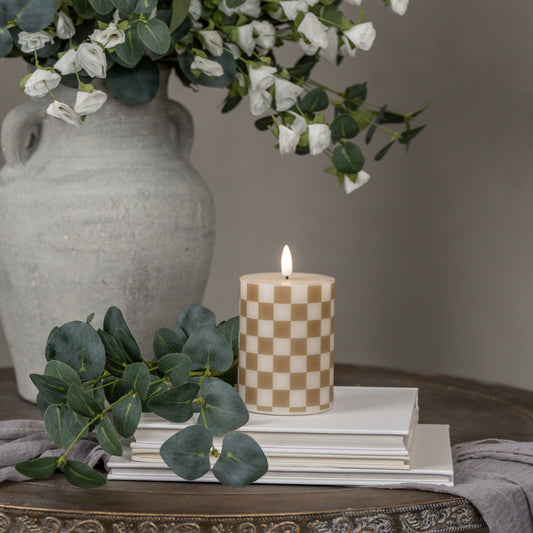 Gold Checked Pillar Candle with 3D Flame