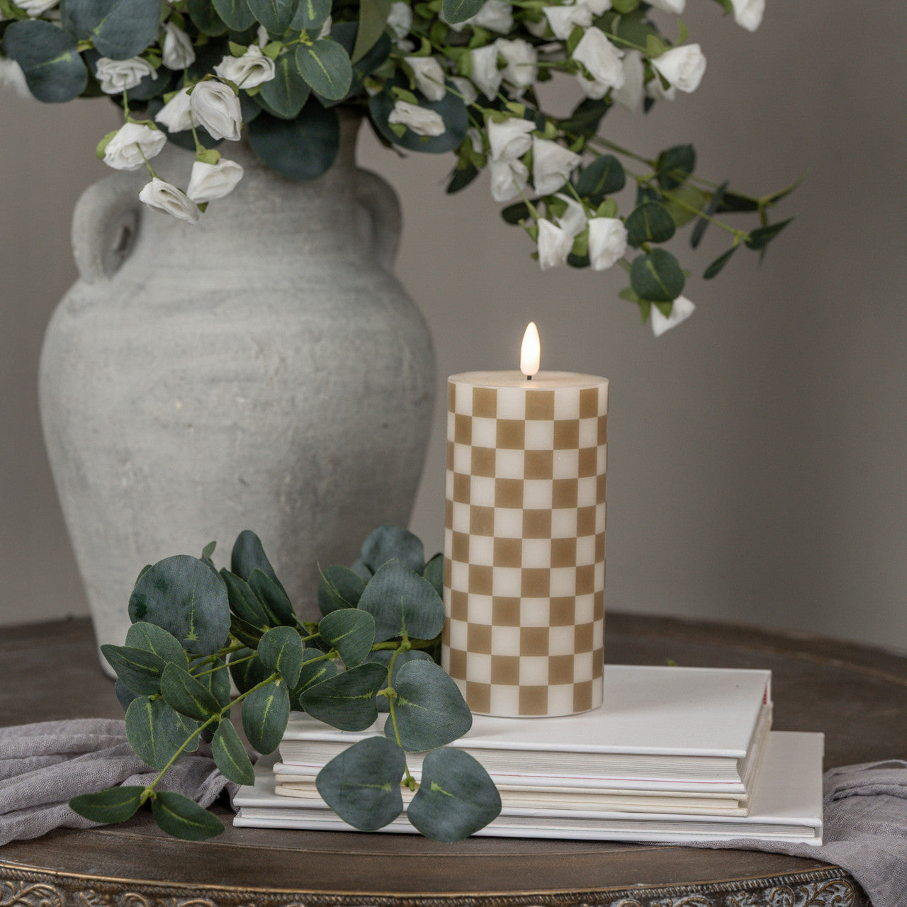 Gold Checked Pillar Candle with 3D Flame