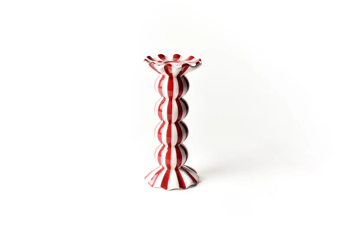 Red Striped Medium Knobbed Candle Holder w/Ruffle