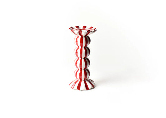 Red Striped Medium Knobbed Candle Holder w/Ruffle