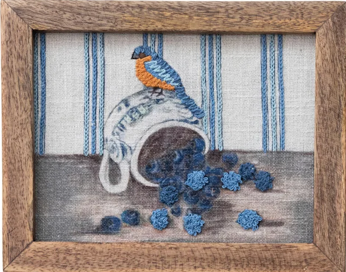 Wood Framed Cotton Embroidered Wall Decor with Bird on Dish, 4 Styles
