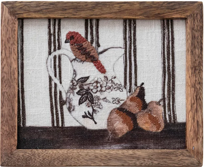 Wood Framed Cotton Embroidered Wall Decor with Bird on Dish, 4 Styles