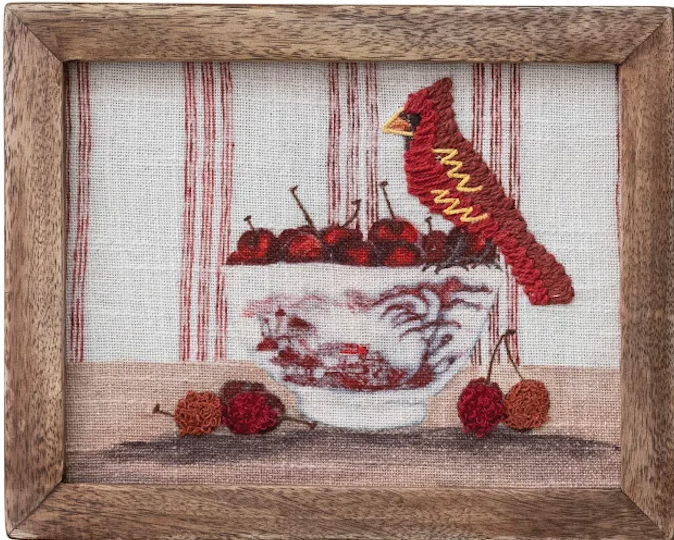 Wood Framed Cotton Embroidered Wall Decor with Bird on Dish, 4 Styles