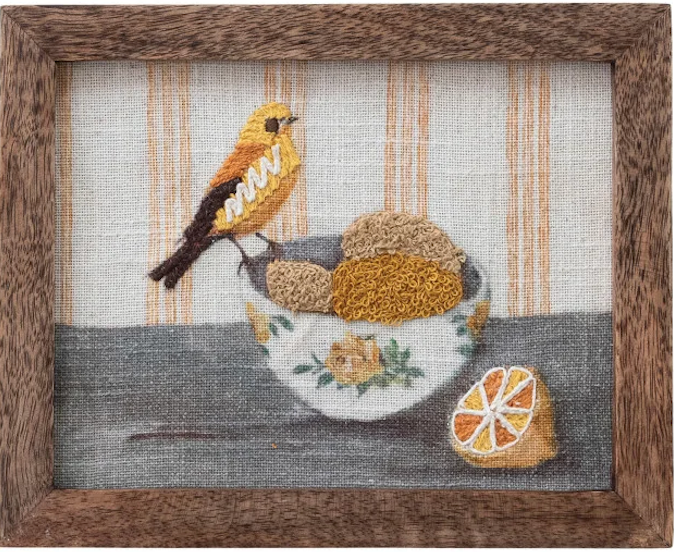 Wood Framed Cotton Embroidered Wall Decor with Bird on Dish, 4 Styles