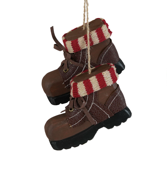 Wood & Knit Fabric Pair of Hiking Boots Ornament