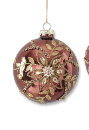 Burgundy, Gold Glittered, Jeweled Ornaments
