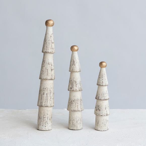 Carved Mango Wood Trees with Gold Ball Top, Distressed Cream Color