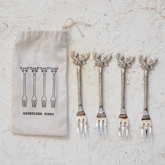 Stainless Steel and Brass Forks with Reindeer Handles, Set of 4 in Drawstring Bag