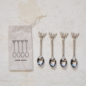 Stainless Steel and Brass Coffee Spoons with Reindeer Handles, Set of 4 in Bag