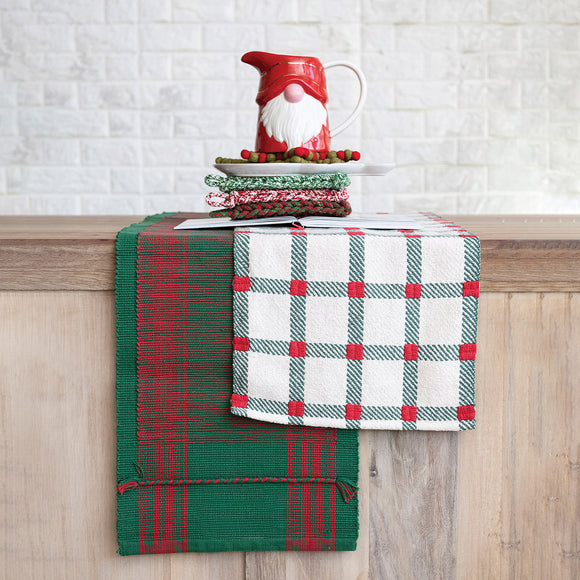 Woven Cotton Table Runner with Stripes, Green and Red