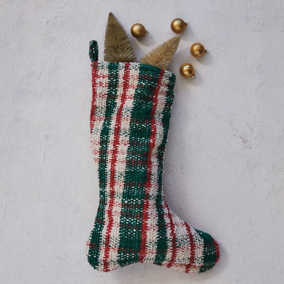 Woven Cotton Blend Stocking, Cream Color, Green and Red Plaid