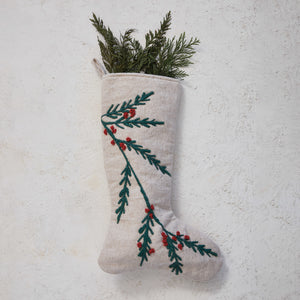 Woven Cotton and Jute Stocking with Embroidered Holly and Berries